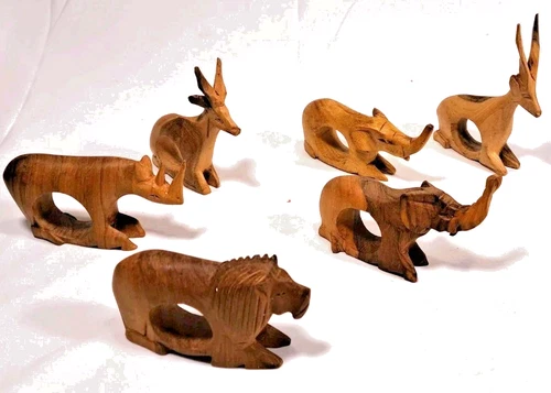 Vintage Hand Carved African Safari Animal Wooden Napkin Rings Set of 6