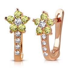 Sterling Silver Rose Gold-Tone Yellow CZ Girls Huggie Flower Earrings, 0.5"