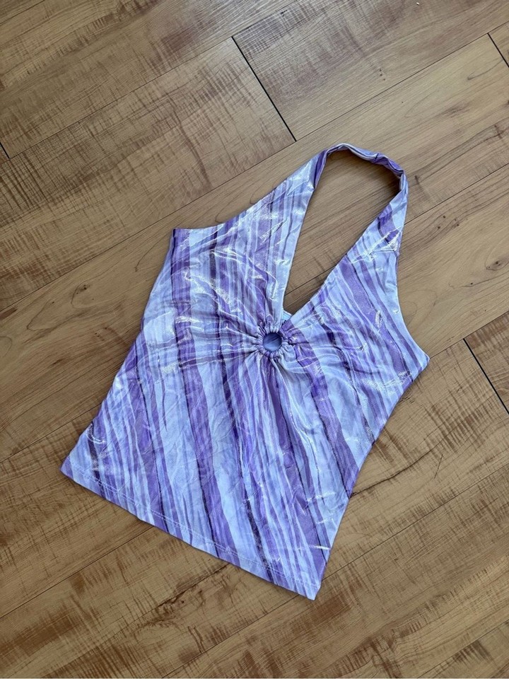 Vintage Stretch Metallic Purple Striped Halter Tank Top