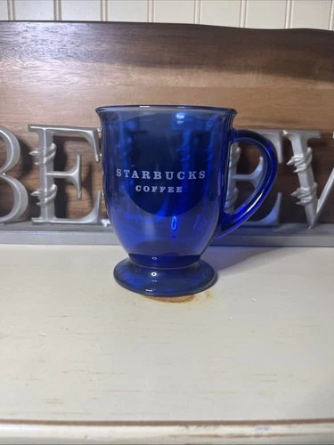 Anchor Hocking STARBUCKS COFFEE Cobalt Blue Mug Etched Footed Vintage