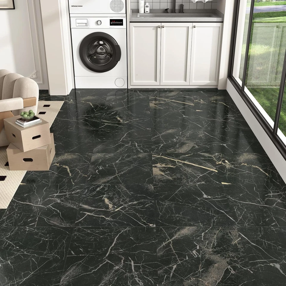 Marble Peel and Stick Floor Tile Black Gold Vinyl Flooring Waterproof Tile Stick - Image 4 of 4