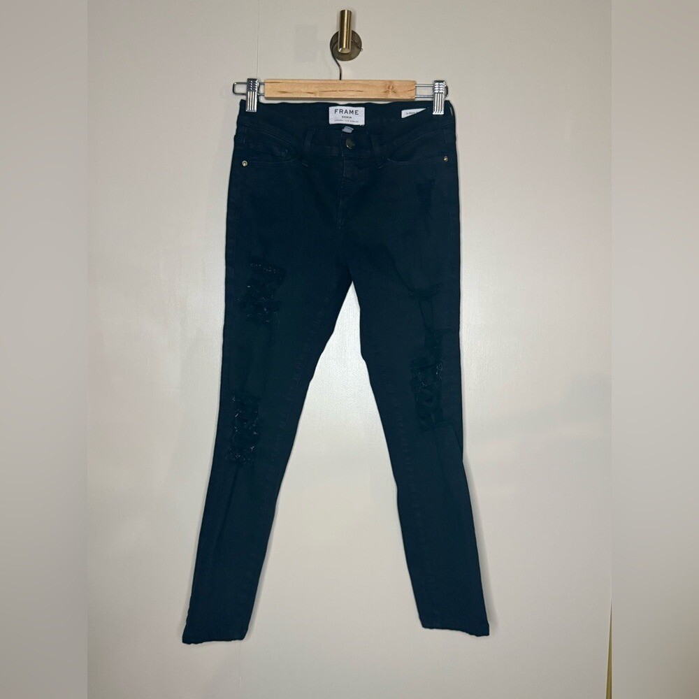 Frame Le Skinny de Jeanne Black Distressed Jeans Size 26 Designer Denim