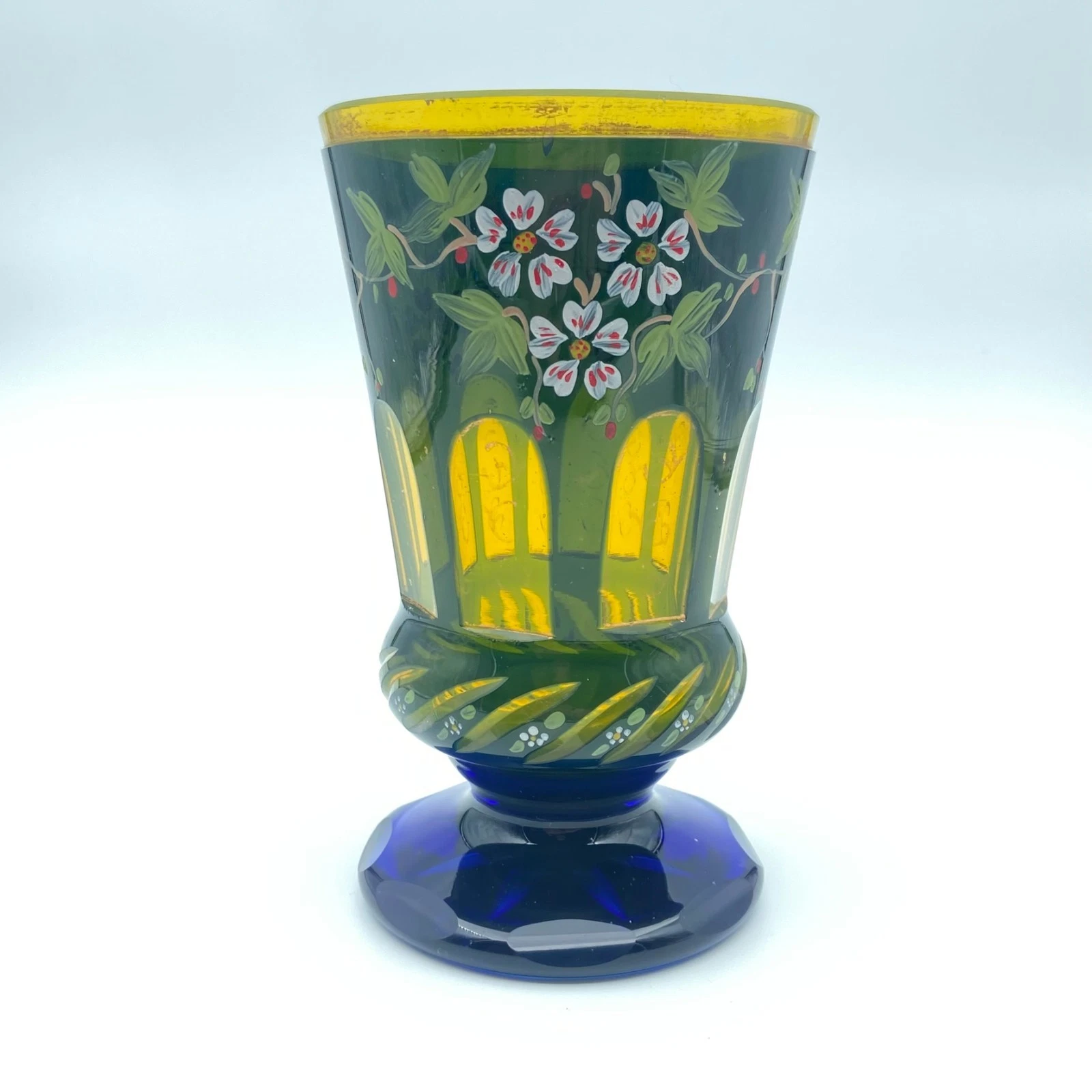 Bohemian vase blue overlay yellow glass made for Ottoman market c1880
Opens in a new window or tab