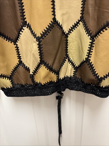 Handmade Women's Brown Leather Patchwork Crochet Cardigan - Picture 7 of 12