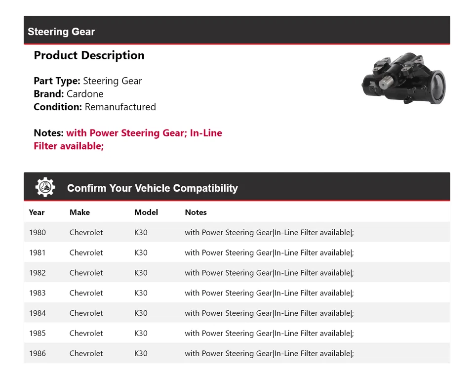 Para Chevrolet K30 1980-1986 engranaje de dirección Cardone 1981 1982 1983 1984 1985 Foto 2 de 4