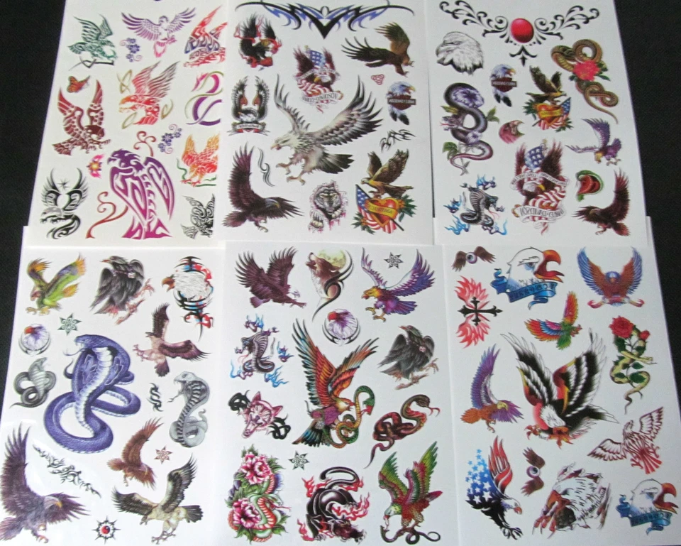 FAT-CATZ-COPY-CATZ 6x SHEETS (ONE BOOK) MEN'S BOYS SNAKE EAGLES BIRDS BIKER TEMPORARY TATTOOS UK
