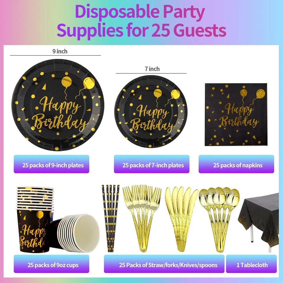 Juego de fiesta desechable negro y dorado 201 piezas - platos, tazas, servilletas, cubiertos Foto 3 de 4