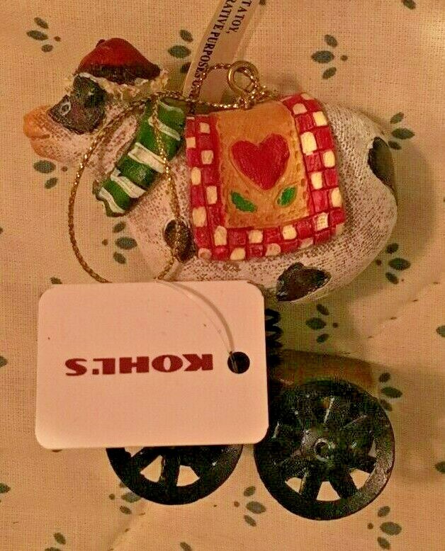 Cow on a cart Farm Christmas Ornament 3" tall NEW with Tags Holiday Tree 