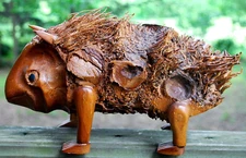 Vintage OUTSIDER FOLK ART Wood Root Sculpture PORCUPINE Hand Carved Signed BEAN 