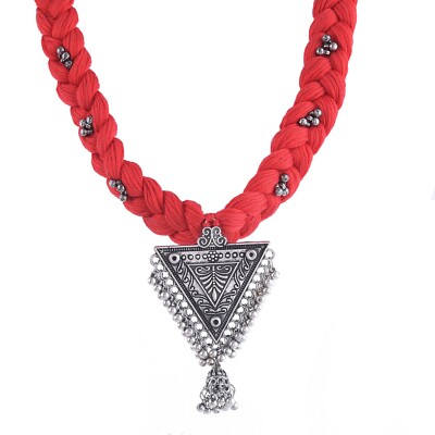 Necklace Silver Oxidized Indian Red Thread Pendant Tribal Jewelry