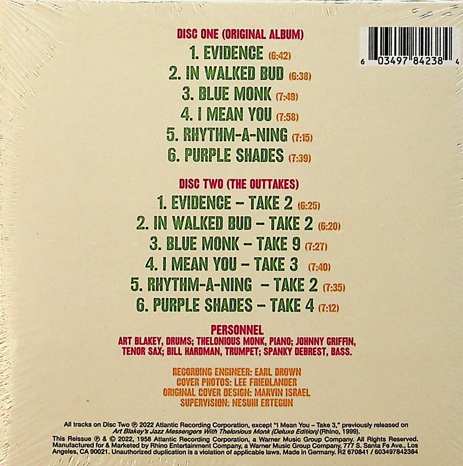 Art Blakeys Jazz Messengers & Thelonious Monk 2-CD -Deluxe NEW (Outtakes) - Image 2 of 2