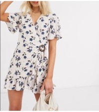 J.O.A. Beige Floral Print Ruffled Wrap Dress NWT