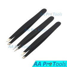 3 Slant Eyebrow Tip Tweezers Precision Hair Remover Black Stainless Steel Tools