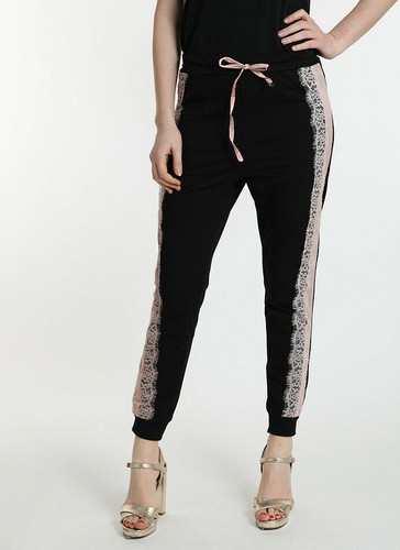 Pantaloni Donna casual con banda rosa pizzo colore nero | eBay