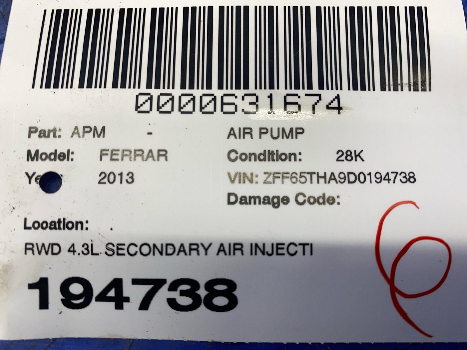 2012-2014 FERRARI CALIFORNIA RWD 4.3L SECONDARY AIR INJECTION SMOG PUMP UNIT