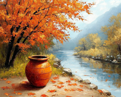 Beautiful River Landscape In Autumn Fall oil painting 20x16 Print On Canvas