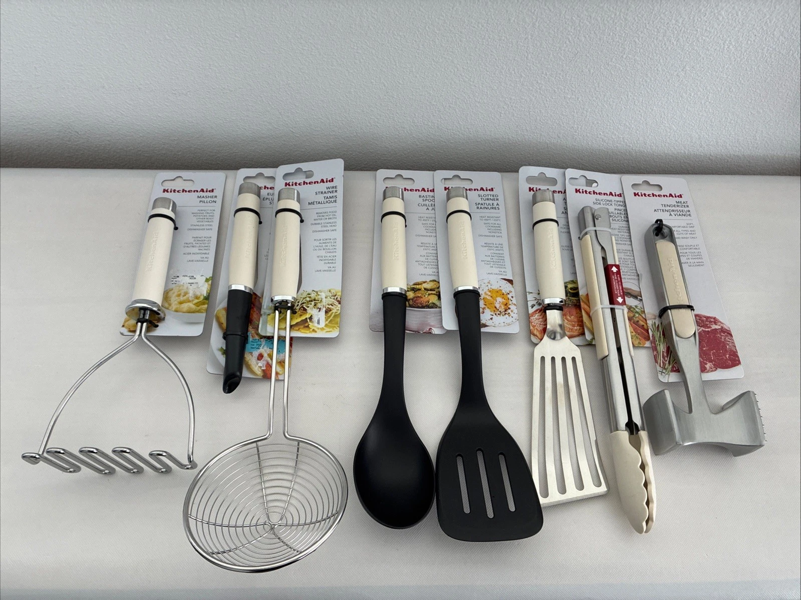 New KitchenAid Almond Cream HACA 8 Pc Utensils Peeler Strainer Tongs Lifters