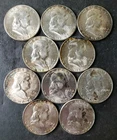 Lot of 10 50c Franklin Silver Half Dollars, Different Dates/Mintmarks