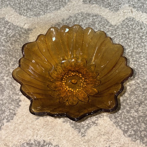 6 1/2" Amber Colored Glass Sunflower Shaped Bowl