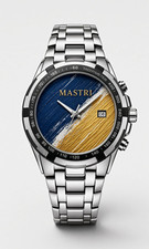 MASTRI Quartz Analog Wristwatch Blue/Gold Dial Date Tachymeter 44mm 100m