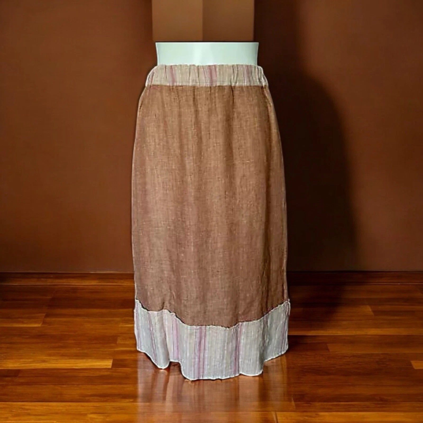 Hannah M Linen Skirt Long Brown Beige Elastic Waist Summer A Line Size M NWT