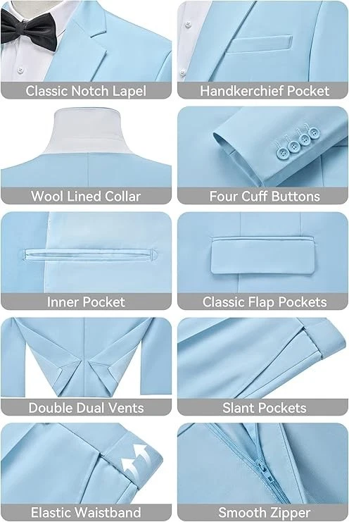 Traje Para Hombre Calce Ajustado Azul Claro 2 Piezas 2XL 46R 40W Muesca Solapa 1 Botón Foto 3 de 4