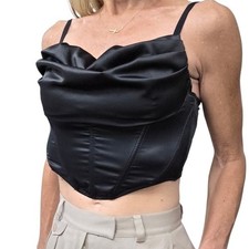 Urban Outfitters Black Satin Corset Bustier Top Boned Cowl Neck Zip Back M