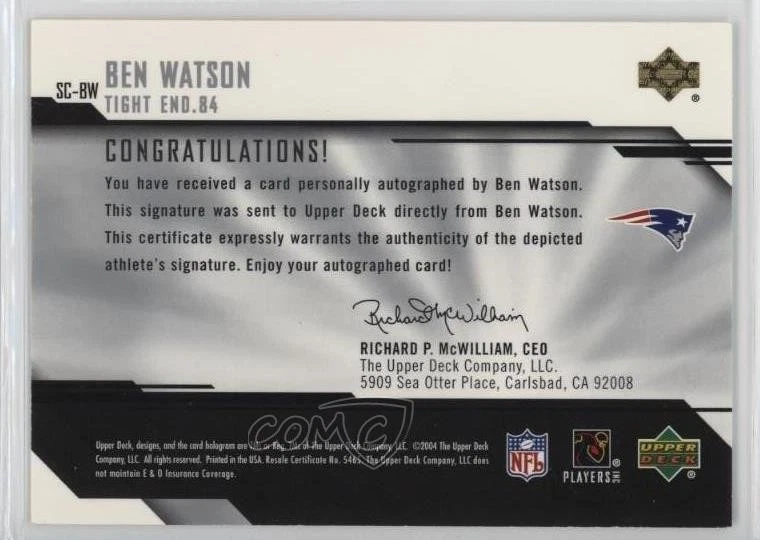 2004 Upper Deck Pro Sigs Signature Collection Ben Watson #SC-BW Rookie Auto RC - Image 2 of 2