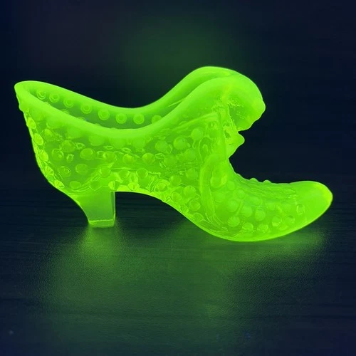 Pre-WW2 Fenton Hobnail Cat Head Slipper 6" Topaz Opalescent Uranium Vaseline