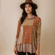 Sugarfox Patchwork Tunic Top Mockneck Tan Knit Floral Boho Hippie Sz L