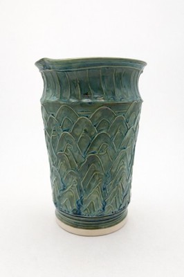 Handmade Studio Pottery Vase   Slip Textured Green Blue Glaze   Signed
