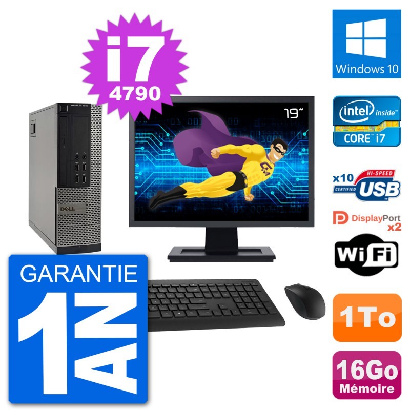 PC Dell 7020 SFF Ecran 19" Intel i7-4790 RAM 16Go Disque Dur 1To Windows 10 Wifi