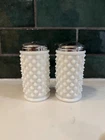 Vintage Fenton Hobnail Salt & Pepper Shakers, White Milk Glass, Silver Metal Lid