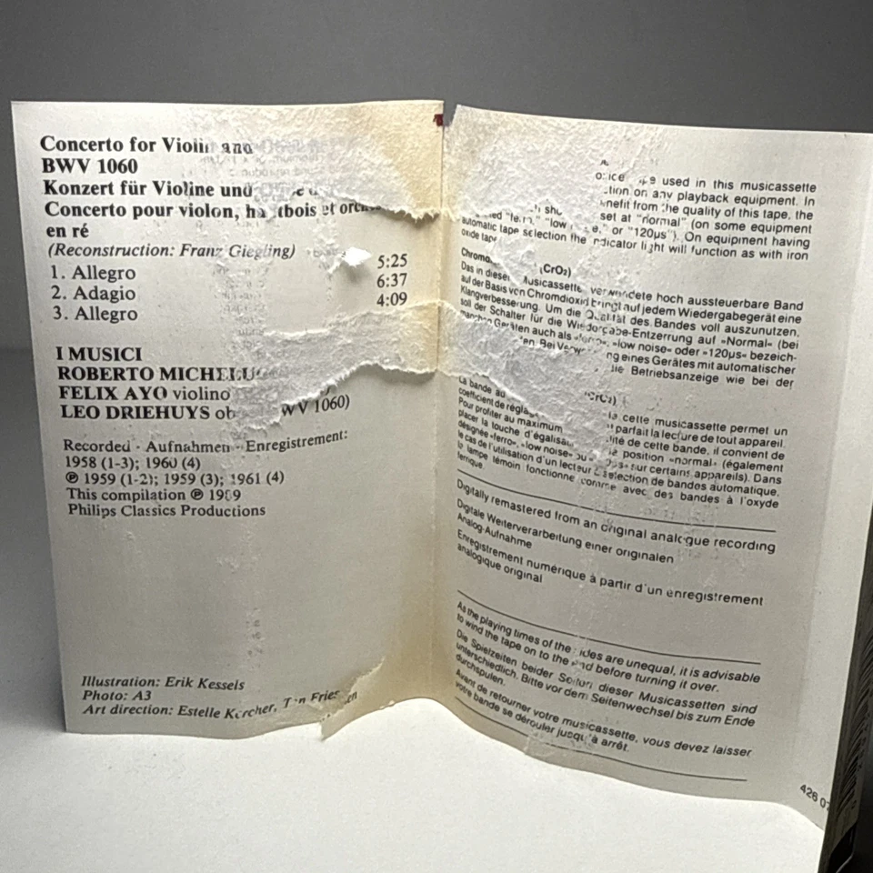 Bach, I Musici, Michelucci Violin Concerto Cassette Tape album (Philips 1989) - Image 3 of 4