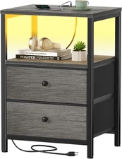 Gray Nightstand with Charging Station, LED Night Stand with 2 Fabric Drawers, Be