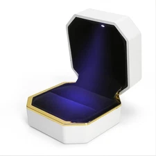 Luxury White Ring Box 3"x3''x2'' With Light, Square Wedding Jewelry... 