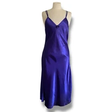 Vintage 80s Val Mode Negligee Sz Large Purple Satin Midi Slip Dress Nightgown