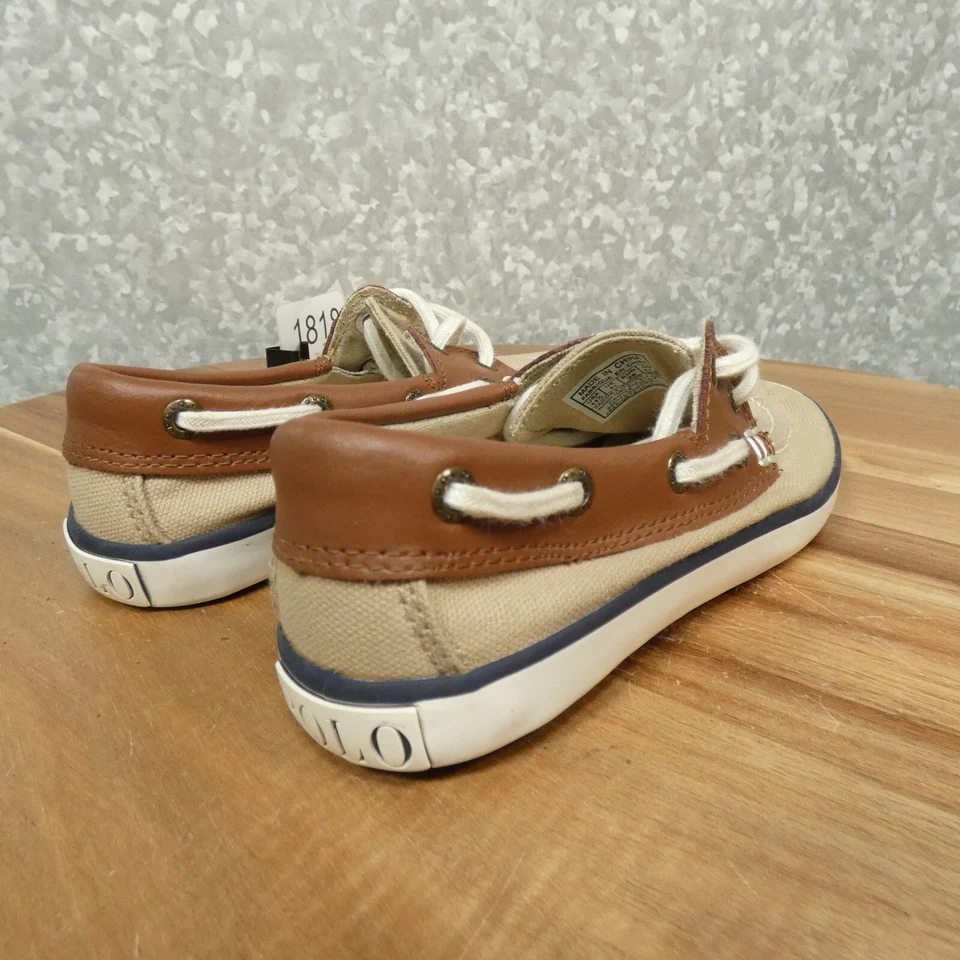 Polo Ralph Lauren Mocasín Niños 11.5 Lona Tostada Cuero Marrón Zapato Barco Foto 3 de 4