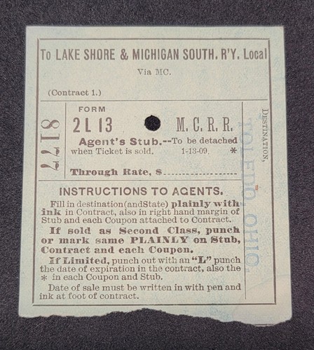 1909 MAINE CENTRAL RAILROAD STUB MICHIGAN CENTRAL DEPOT MASON, MICHIGAN VINTAGE - Picture 1 of 3