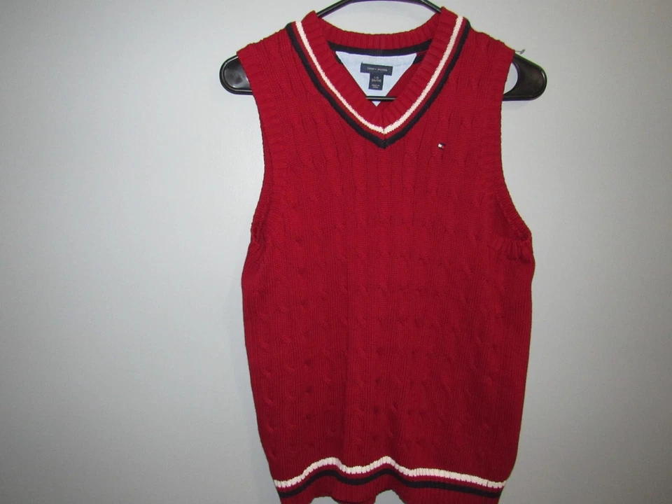 NWOT New TOMMY HILFIGER Boys Sweater Vest Large 16 18 Red Blue White V Neck - Image 3 of 3