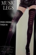 sexy MUSIC LEGS faux CRISS-CROSS strappy OPAQUE sheer FRONT thigh HIGH stockings