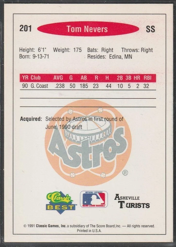 Original Autograph, Tom Nevers; Jackson Generals, 1991 Classic Best #201 - Image 2 of 2