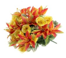 24 Head Artificial Rose & Lily Flower Bouquet - Yellow & Orange Mix