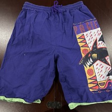 VTG 1980s Pacific Heat Men’s Canvas Surf Shorts Neon Purple Green 80s Retro M
