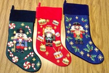 Lot 3 Vtg Lillian Vernon 17"x7" Nutcracker Wool Needlepoint Christmas Stockings