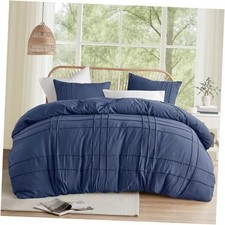 Cal King Size Comforter Set - 3 Pieces Pintuck Pleated California King Navy