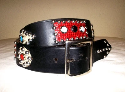 Vtg STUDDED Jewels LIZARD Inlays LEATHER Rockabilly RRL BIKER Western BELT USA - Image 1 of 4