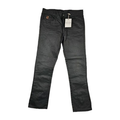 Parish Nation Mens Black Coated Slim Skinny Jeans 34 PR Logo Waxed Denim NWT