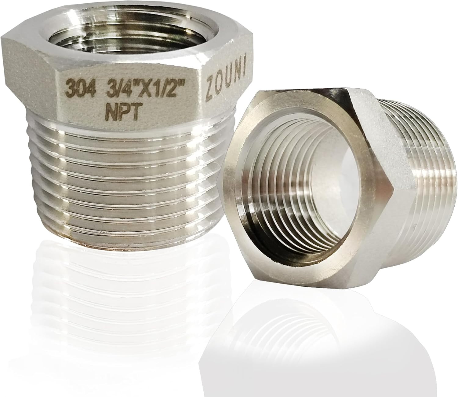 2 Pcs Reducer Hex Bushing, 304 Stainless Steel 3/4" Male NPT to 1/2" Female NPT（