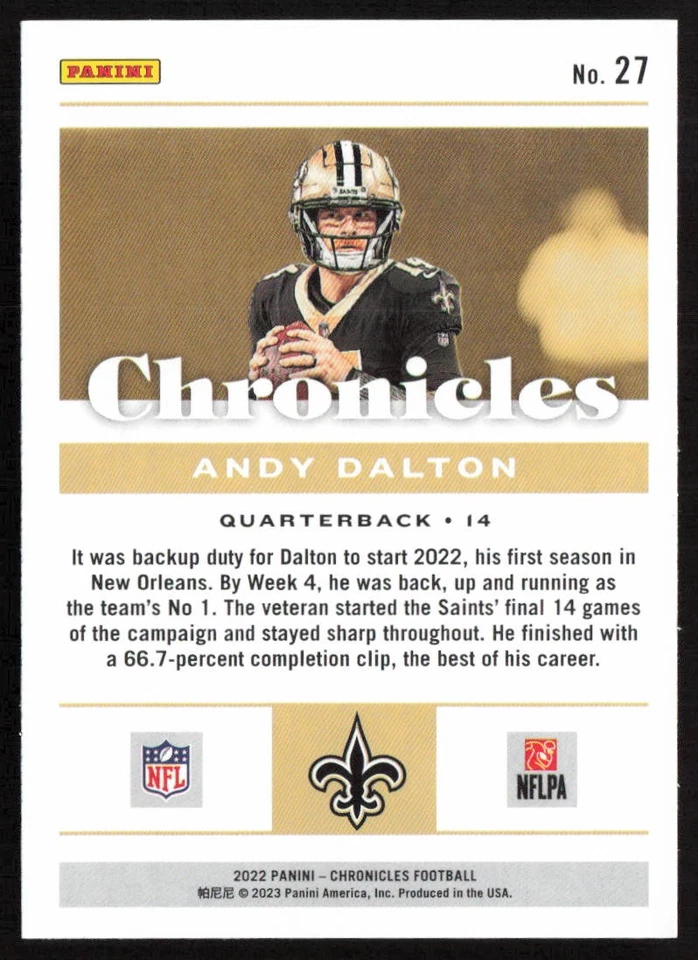 2022 Panini Chronicles Andy Dalton #27 New Orleans Saints - Image 2 of 2